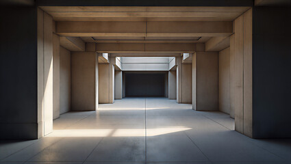 Fototapeta premium Geometric patterns of concrete walls and structural steel beams, centered symmetry composition, bold shadows adding depth. Photorealistic style, complementary color harmony, rough texture quality, dra