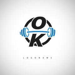 Obraz premium OK Fitness Logo with Icon Creative Minimal Barbell symbol for Gym Branding. Active Lifestyle Identity Design