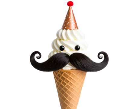 Smiling Ice Cream Cone with Curly Mustache and Party Hat, Cute Dessert Character PNG
