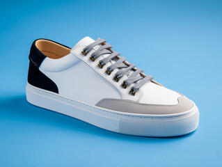 White casual low-top sneaker with black sole, light gray and beige accents. Highly detailed product photo on a blue background, perfect for clean, modern footwear presentations.