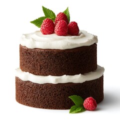 Chocolate cake with cream and raspberries isolated on white background