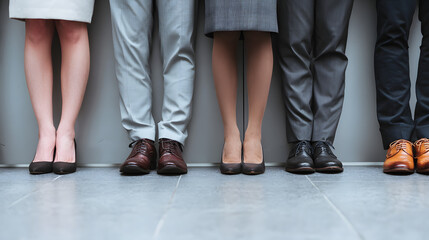 Professional Business Attire of Diverse Individuals Standing in a Row Featuring Stylish Footwear and Legs