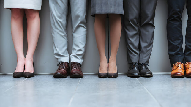 Professional Business Attire of Diverse Individuals Standing in a Row Featuring Stylish Footwear and Legs