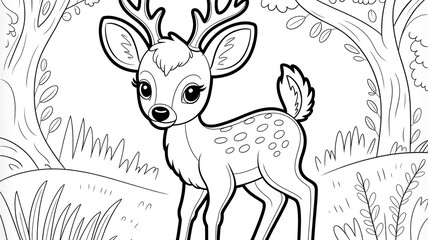 Cute Fawn Coloring Page  Adorable Deer in Forest Illustration