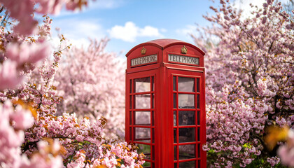 Fototapeta premium Red phone booth with cherry blossoms.