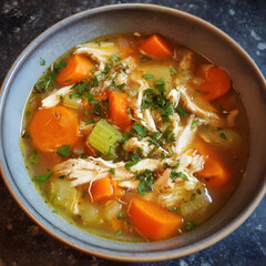 Hearty Chicken Soup with Carrots and Celery in a Rustic Bowl, Perfect for Warm Comfort Food Lovers