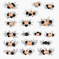 Elegant watercolor arrangements of orange pumpkins, black roses, and gray foliage for autumn.