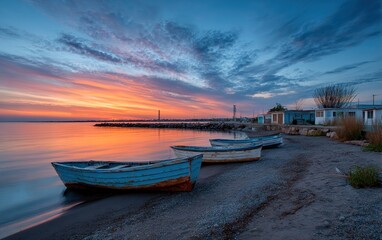 Peaceful sunrise over a beach with boats