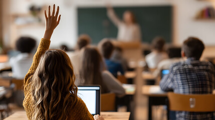 Engaged High School Students Raising Hands During Classroom Discussion with Teacher in Focus