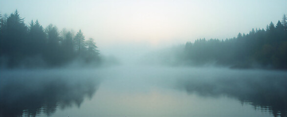 Fototapeta premium Misty early morning landscape with fog gently rolling through a forest, revealing a serene lake in the background. Soft diffused lighting creates a tranquil atmosphere. Shot with wide angle lens at f/