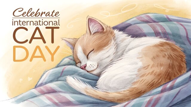 Cozy cat sleeping peacefully on a blanket celebrating international cat day