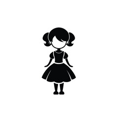 Black Silhouette of Little Girl in Dress – Vector Illustration
