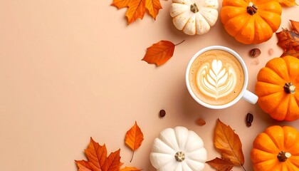 Autumn latte with pumpkins and leaves