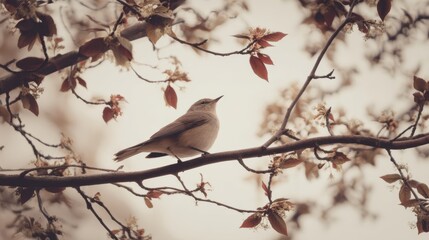 A delicate bird perched amidst blossoming branches.