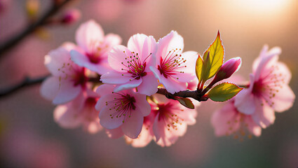 Obraz premium Close-up of a blooming cherry blossom tree branch with delicate pink blossoms and fresh green leaves, captured during early morning dew. Soft diffused natural light enhances the ethereal quality with 