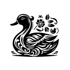 Fototapeta premium Stylized duck with floral ornaments isolated on white background in black and white