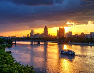 Fototapeta premium City skyline sunset over river
