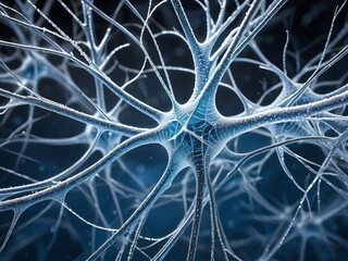 Depict a surreal brainscape where neurons are frozen mid-thought — like delicate glass filaments caught in frost. Light pulses through frozen synapses in deep blues and silvers. 