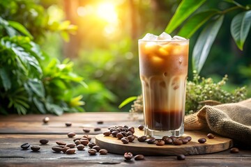 Photo of a tall glass of iced coffee with cream and ice, surrounded by roasted coffee beans on a wooden table, with lush green foliage in the background and warm sunlight filtering through