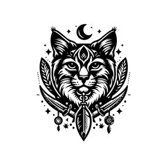 Fototapeta premium Mystical cat head with feathers and moon isolated on white background