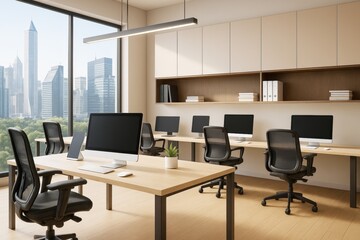 Modern open-plan office interior with large windows, minimalist furniture, and computer workstations in contemporary architecture setting.