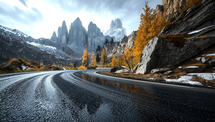 A winding, wet road leads through a dramatic mountain pass, surrounded by jagged peaks with patches of snow and vibrant yellow autumn trees.
