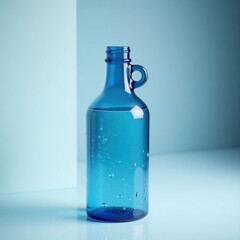 A clear blue glass jug filled with refreshing water against a light blue background