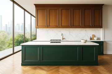 Contemporary kitchen interior with green island, brown cabinets, marble backsplash, wood flooring, and city view through large glass windows.