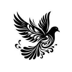 Obraz premium Elegant dove in flight with decorative swirls isolated on white background