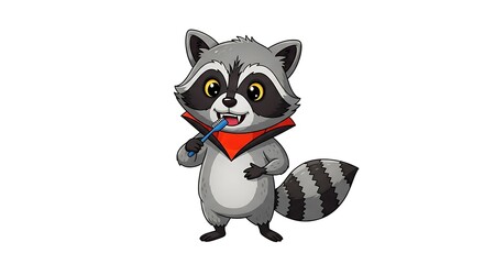 Obraz premium Cartoon raccoon brushing its teeth wearing a red collar on a white background illustration art