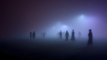 Fototapeta premium Enigmatic Figures in Misty Night Embrace Under Ethereal Light with Haunting Atmosphere and Mysterious Vibe