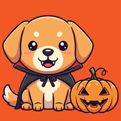 Smiling Dog in Cape with Pumpkin – Cute Halloween Illustration