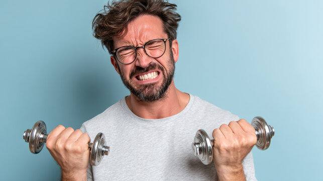 Man lifting dumbbell with effort, wearing glasses and gray shirt, showing intense facial expression during workout