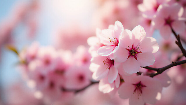 Close-up of a blooming cherry blossom tree, capturing the soft pastel colors of spring. Composition follows the rule of thirds with light filtering through petals from high window light. Shot with 50m