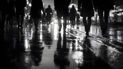 Shadows and Reflections in the Twilight of a Bustling Cityscape with Silhouettes on Rainy Streets