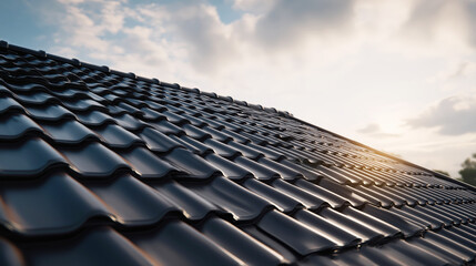 Fototapeta premium roof of house is covered with modern metal black tiles on the background of the sky close-up