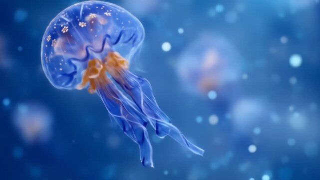 Translucent Jellyfish with Blue Tentacles Floating Gracefully in Deep Blue Ocean Waters