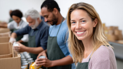 Caucasian volunteers working together at a food bank, sorting donations with smiles 