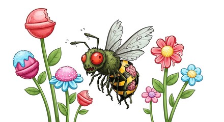 A zombie bee flying among colorful flowers and lollipops in a whimsical cartoon style scene