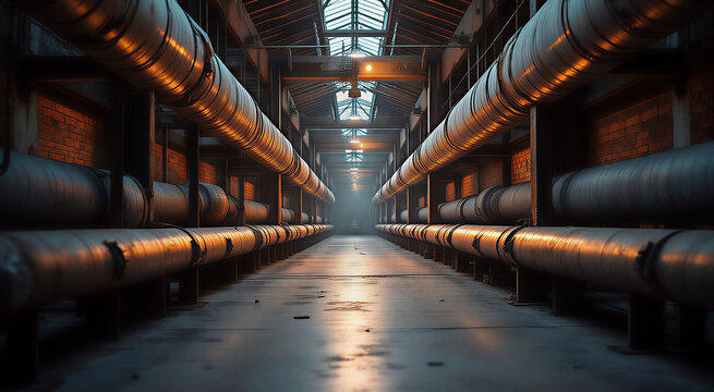Abstract geometric patterns formed by intersecting metal pipelines and exposed brickwork in a warehouse interior, centered symmetrical composition, and floating particles adding movement. Dramatic dir