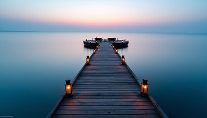 Naklejka premium Beautiful Dawn Seascape Aged Wooden Pier Stretching to the Horizon Soft Pastel Sky and Calm Water Reflections