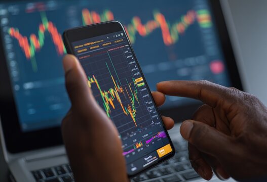 Close-up of hands viewing stock charts on phone and laptop