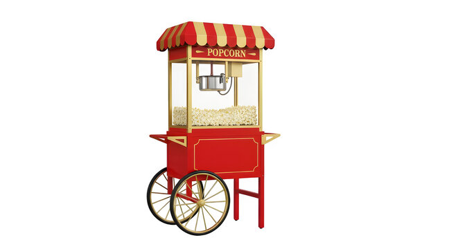 Vintage red popcorn cart with gold accents and striped awning, filled with freshly popped corn, perfect for events and concessions