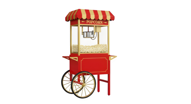 Vintage red popcorn cart with gold accents and striped awning, filled with freshly popped corn, perfect for events and concessions