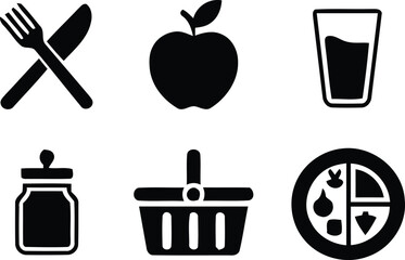 Set of black food and drink icons including coffee cup bottle knife and cooking utensils vector illustration