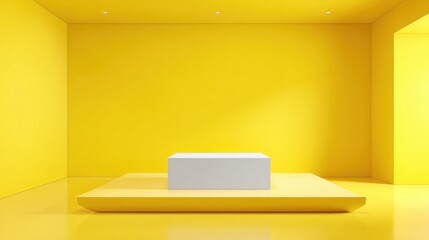 A large, brightly painted room features yellow walls and floor, with a simple white display platform at the center. The minimalistic design creates a striking visual impact.