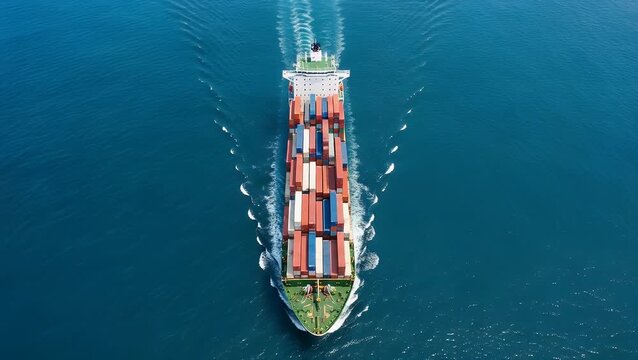 Aerial view cargo ship sailing 1 container transport sea ocean water blue shipping logistics global trade commerce import export delivery