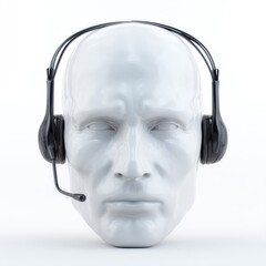 White Mannequin Head with Black Headset on White Background in Studio Shot