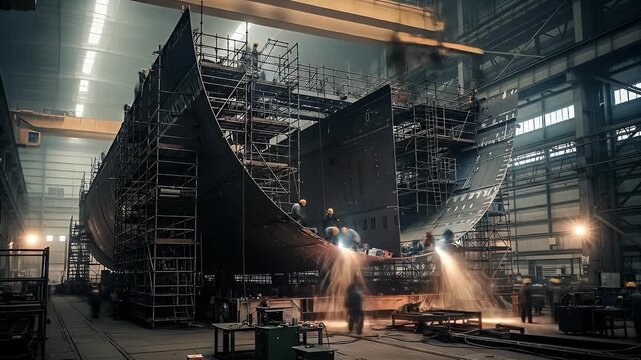 Shipbuilding workers welding large ship hulls in industrial shipyard with scaffolding and sparks flying