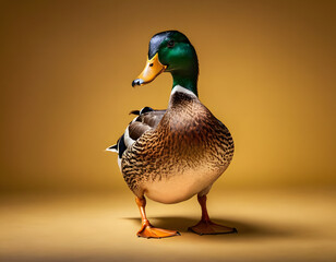 A full-body mallard duck with a  golden Background PNG.